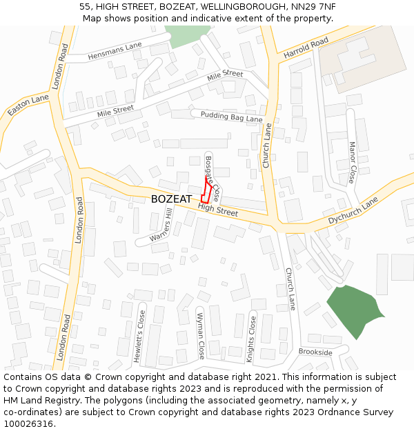 55, HIGH STREET, BOZEAT, WELLINGBOROUGH, NN29 7NF: Location map and indicative extent of plot