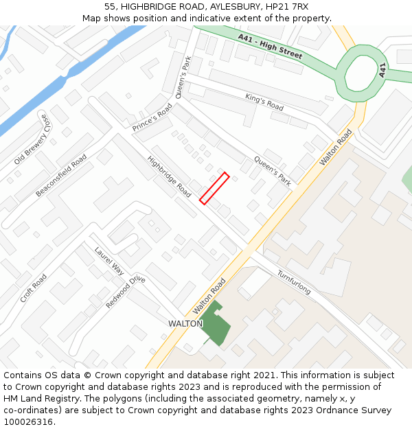 55, HIGHBRIDGE ROAD, AYLESBURY, HP21 7RX: Location map and indicative extent of plot