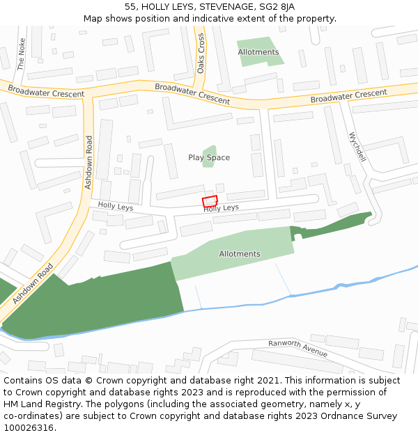 55, HOLLY LEYS, STEVENAGE, SG2 8JA: Location map and indicative extent of plot