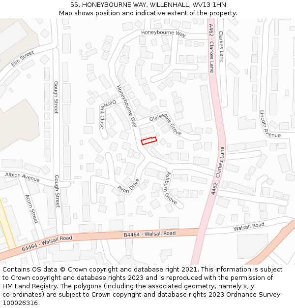55, HONEYBOURNE WAY, WILLENHALL, WV13 1HN: Location map and indicative extent of plot