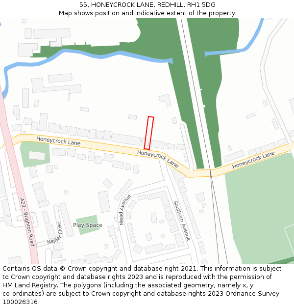 55, HONEYCROCK LANE, REDHILL, RH1 5DG: Location map and indicative extent of plot