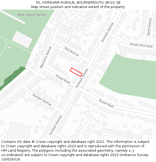 55, HORSHAM AVENUE, BOURNEMOUTH, BH10 7JE: Location map and indicative extent of plot