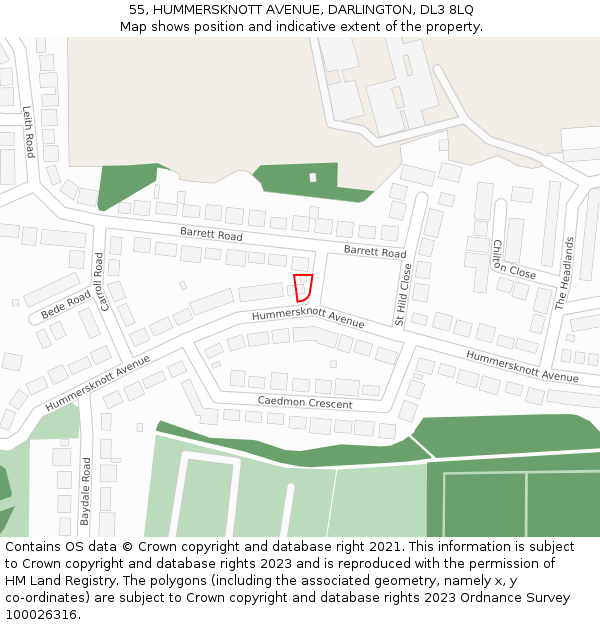 55, HUMMERSKNOTT AVENUE, DARLINGTON, DL3 8LQ: Location map and indicative extent of plot