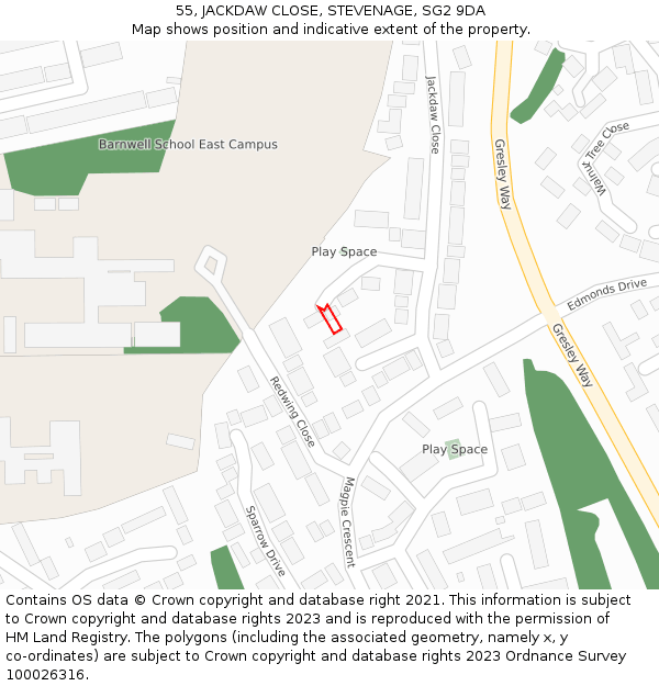 55, JACKDAW CLOSE, STEVENAGE, SG2 9DA: Location map and indicative extent of plot