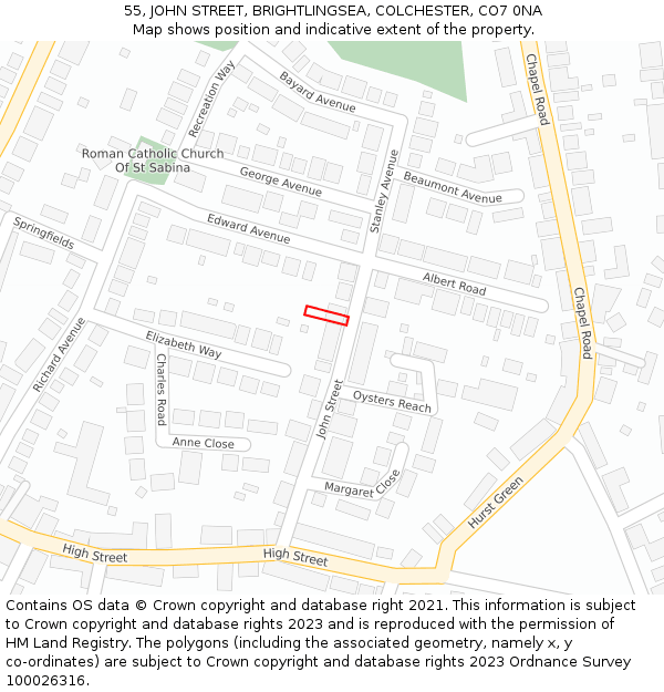 55, JOHN STREET, BRIGHTLINGSEA, COLCHESTER, CO7 0NA: Location map and indicative extent of plot