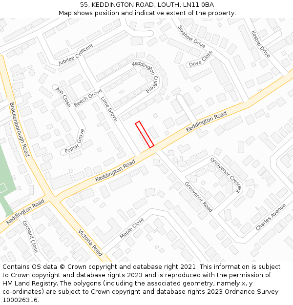 55, KEDDINGTON ROAD, LOUTH, LN11 0BA: Location map and indicative extent of plot