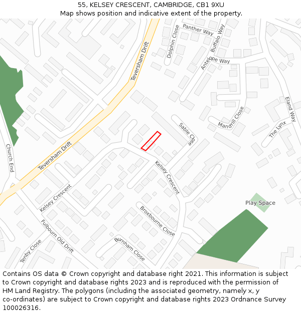 55, KELSEY CRESCENT, CAMBRIDGE, CB1 9XU: Location map and indicative extent of plot