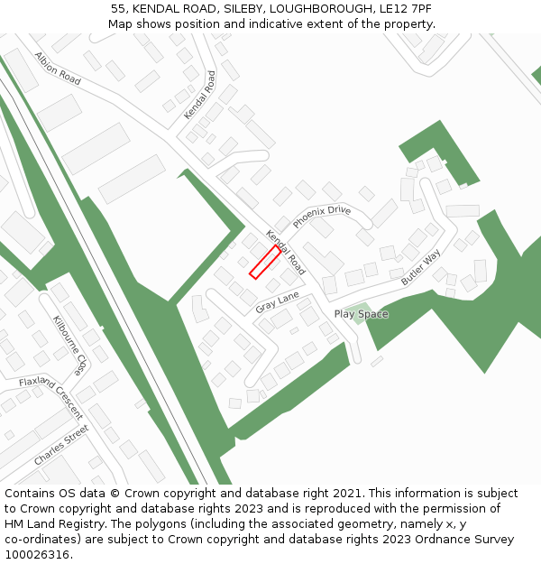 55, KENDAL ROAD, SILEBY, LOUGHBOROUGH, LE12 7PF: Location map and indicative extent of plot