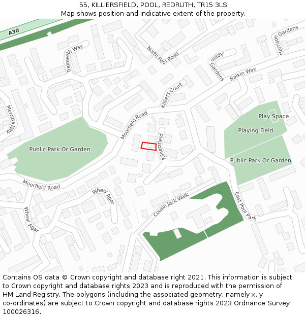 55, KILLIERSFIELD, POOL, REDRUTH, TR15 3LS: Location map and indicative extent of plot