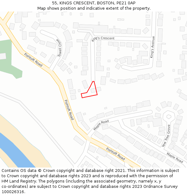 55, KINGS CRESCENT, BOSTON, PE21 0AP: Location map and indicative extent of plot