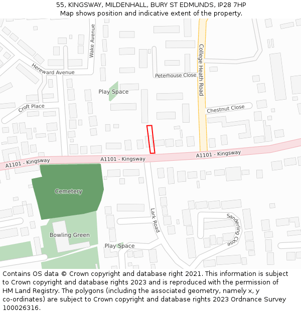 55, KINGSWAY, MILDENHALL, BURY ST EDMUNDS, IP28 7HP: Location map and indicative extent of plot