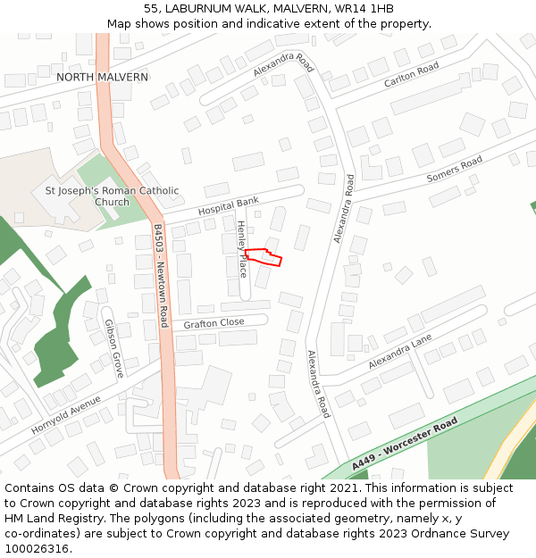 55, LABURNUM WALK, MALVERN, WR14 1HB: Location map and indicative extent of plot