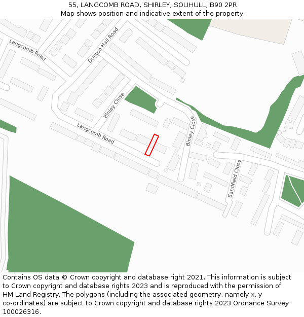 55, LANGCOMB ROAD, SHIRLEY, SOLIHULL, B90 2PR: Location map and indicative extent of plot