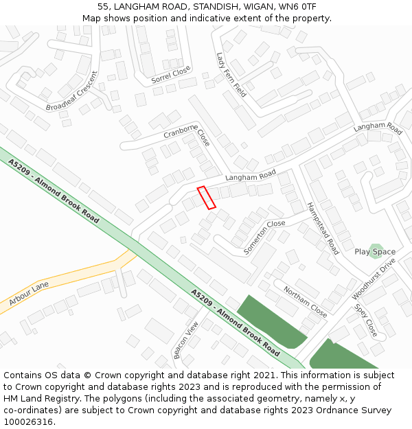 55, LANGHAM ROAD, STANDISH, WIGAN, WN6 0TF: Location map and indicative extent of plot