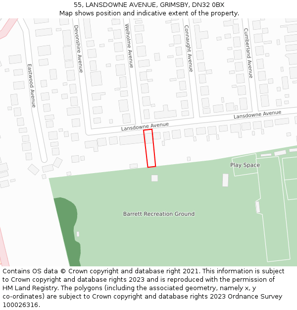 55, LANSDOWNE AVENUE, GRIMSBY, DN32 0BX: Location map and indicative extent of plot