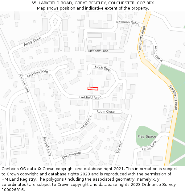 55, LARKFIELD ROAD, GREAT BENTLEY, COLCHESTER, CO7 8PX: Location map and indicative extent of plot