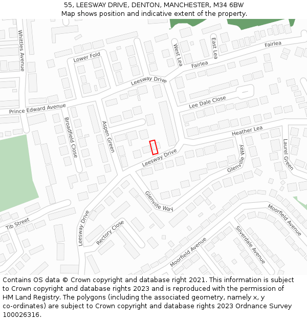 55, LEESWAY DRIVE, DENTON, MANCHESTER, M34 6BW: Location map and indicative extent of plot