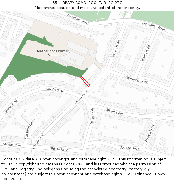 55, LIBRARY ROAD, POOLE, BH12 2BG: Location map and indicative extent of plot