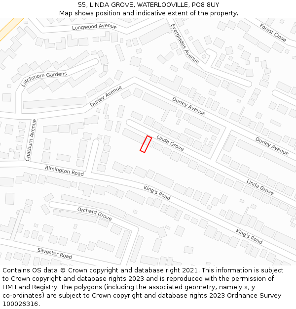 55, LINDA GROVE, WATERLOOVILLE, PO8 8UY: Location map and indicative extent of plot