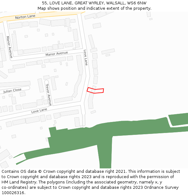 55, LOVE LANE, GREAT WYRLEY, WALSALL, WS6 6NW: Location map and indicative extent of plot