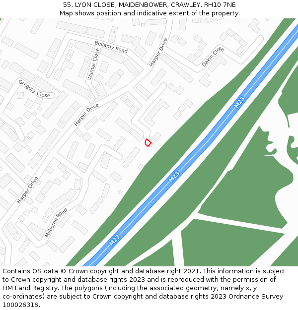 55, LYON CLOSE, MAIDENBOWER, CRAWLEY, RH10 7NE: Location map and indicative extent of plot