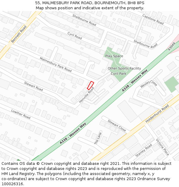 55, MALMESBURY PARK ROAD, BOURNEMOUTH, BH8 8PS: Location map and indicative extent of plot