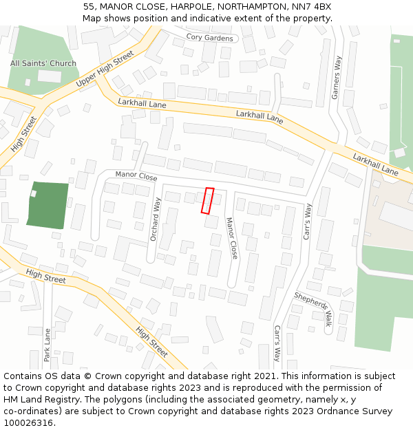 55, MANOR CLOSE, HARPOLE, NORTHAMPTON, NN7 4BX: Location map and indicative extent of plot