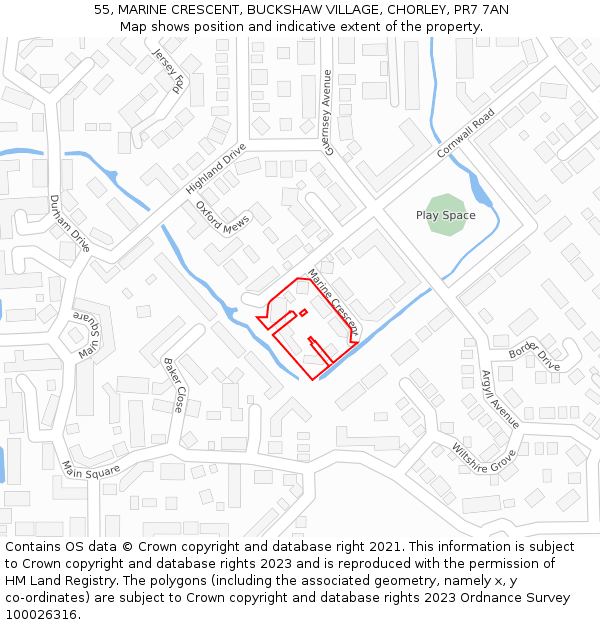 55, MARINE CRESCENT, BUCKSHAW VILLAGE, CHORLEY, PR7 7AN: Location map and indicative extent of plot