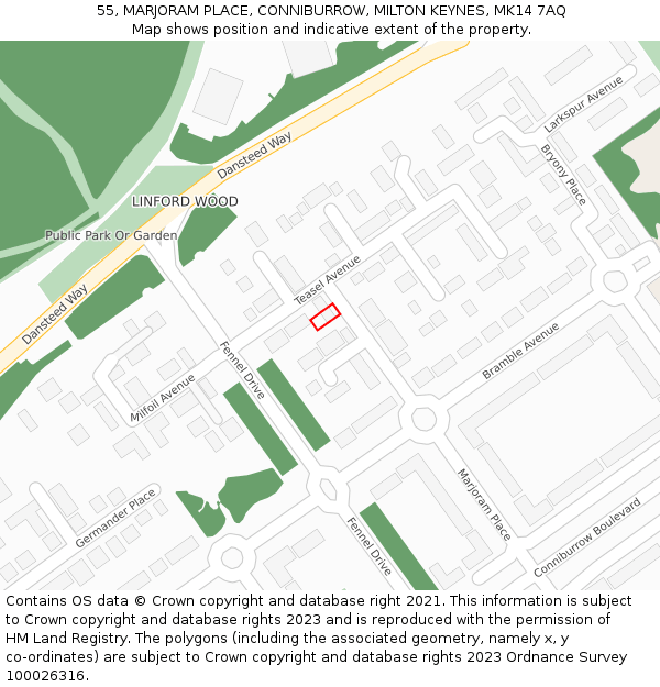 55, MARJORAM PLACE, CONNIBURROW, MILTON KEYNES, MK14 7AQ: Location map and indicative extent of plot