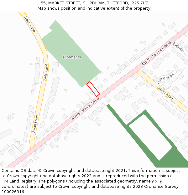 55, MARKET STREET, SHIPDHAM, THETFORD, IP25 7LZ: Location map and indicative extent of plot