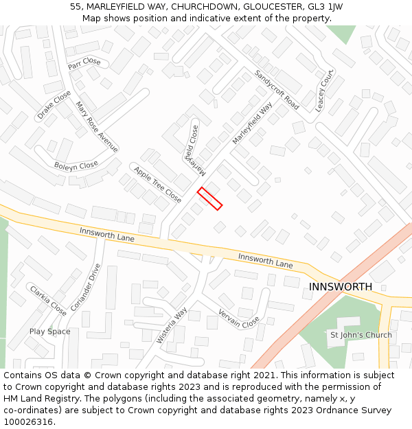 55, MARLEYFIELD WAY, CHURCHDOWN, GLOUCESTER, GL3 1JW: Location map and indicative extent of plot