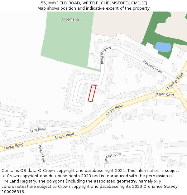 55, MAYFIELD ROAD, WRITTLE, CHELMSFORD, CM1 3EJ: Location map and indicative extent of plot