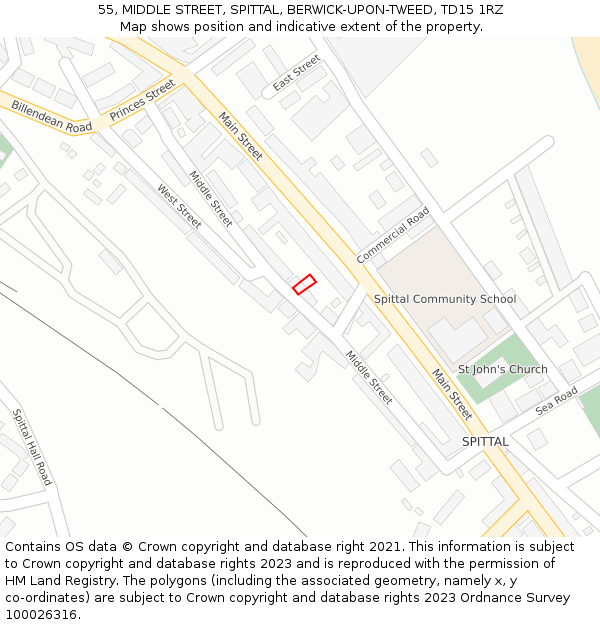 55, MIDDLE STREET, SPITTAL, BERWICK-UPON-TWEED, TD15 1RZ: Location map and indicative extent of plot