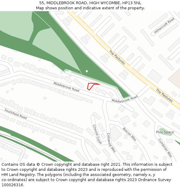 55, MIDDLEBROOK ROAD, HIGH WYCOMBE, HP13 5NL: Location map and indicative extent of plot