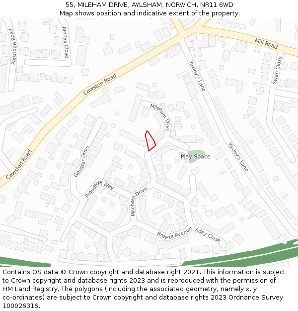 55, MILEHAM DRIVE, AYLSHAM, NORWICH, NR11 6WD: Location map and indicative extent of plot