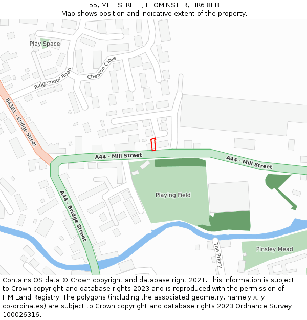 55, MILL STREET, LEOMINSTER, HR6 8EB: Location map and indicative extent of plot