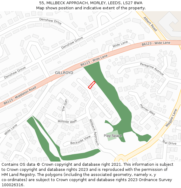 55, MILLBECK APPROACH, MORLEY, LEEDS, LS27 8WA: Location map and indicative extent of plot