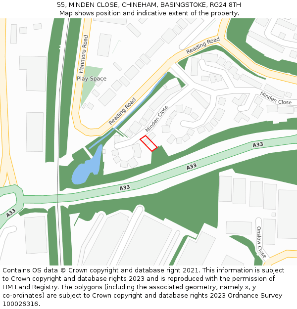 55, MINDEN CLOSE, CHINEHAM, BASINGSTOKE, RG24 8TH: Location map and indicative extent of plot