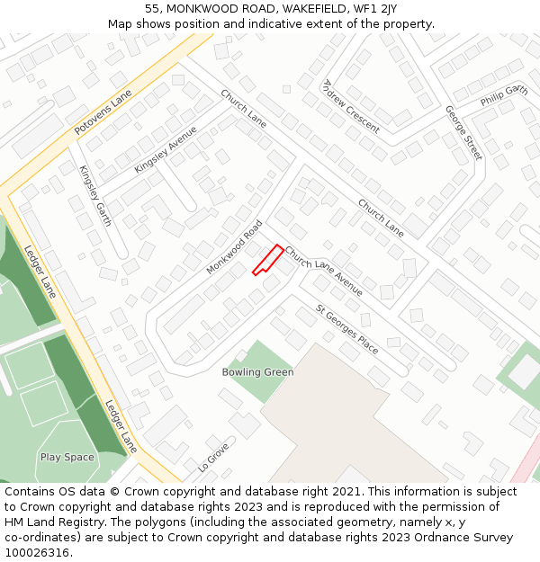 55, MONKWOOD ROAD, WAKEFIELD, WF1 2JY: Location map and indicative extent of plot