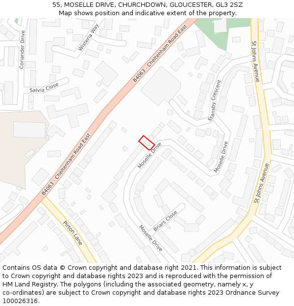 55, MOSELLE DRIVE, CHURCHDOWN, GLOUCESTER, GL3 2SZ: Location map and indicative extent of plot