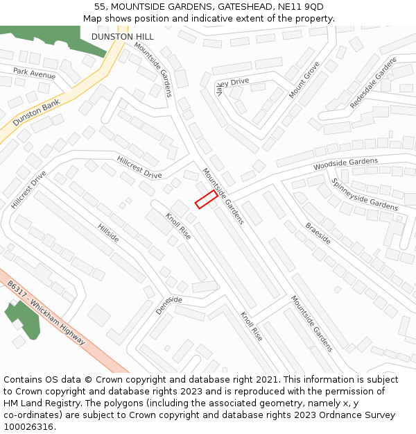 55, MOUNTSIDE GARDENS, GATESHEAD, NE11 9QD: Location map and indicative extent of plot