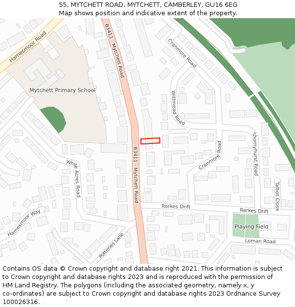 55, MYTCHETT ROAD, MYTCHETT, CAMBERLEY, GU16 6EG: Location map and indicative extent of plot