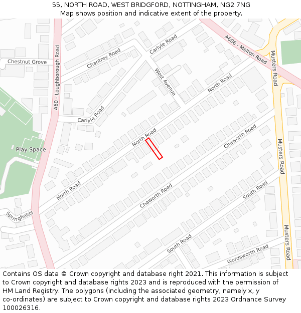 55, NORTH ROAD, WEST BRIDGFORD, NOTTINGHAM, NG2 7NG: Location map and indicative extent of plot