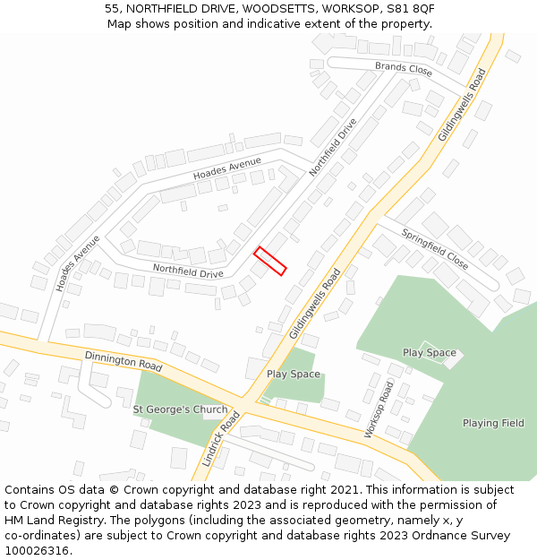 55, NORTHFIELD DRIVE, WOODSETTS, WORKSOP, S81 8QF: Location map and indicative extent of plot