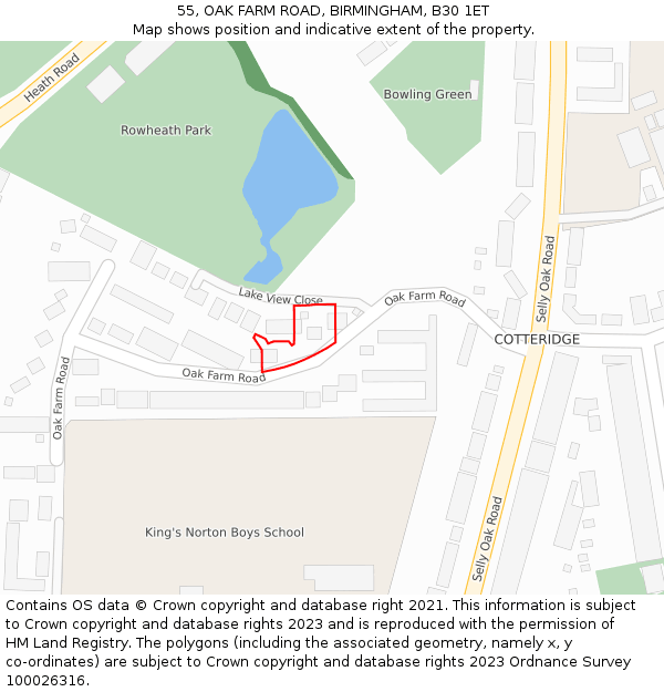 55, OAK FARM ROAD, BIRMINGHAM, B30 1ET: Location map and indicative extent of plot