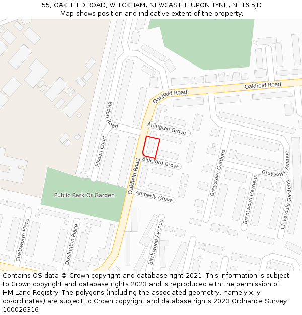 55, OAKFIELD ROAD, WHICKHAM, NEWCASTLE UPON TYNE, NE16 5JD: Location map and indicative extent of plot