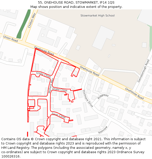 55, ONEHOUSE ROAD, STOWMARKET, IP14 1QS: Location map and indicative extent of plot