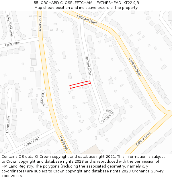 55, ORCHARD CLOSE, FETCHAM, LEATHERHEAD, KT22 9JB: Location map and indicative extent of plot