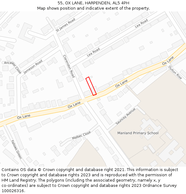 55, OX LANE, HARPENDEN, AL5 4PH: Location map and indicative extent of plot