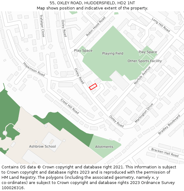 55, OXLEY ROAD, HUDDERSFIELD, HD2 1NT: Location map and indicative extent of plot